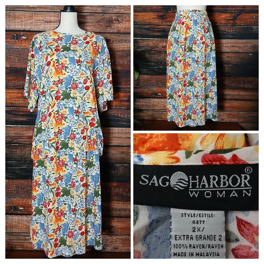 Sag Harbor 2X Vintage 90s Two Piece Skirt Set Floral Rayon